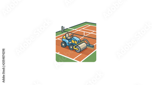 Fotografie A blue tennis court roller machine maintaining a clay court surface