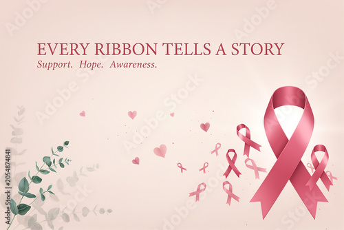 Pink breast cancer awareness ribbons with inspirational text about support and hope