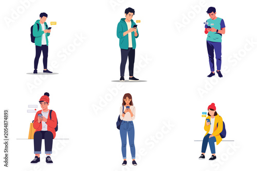 Collection of young people interacting with their mobile phones, showing modern communication and digital lifestyle
