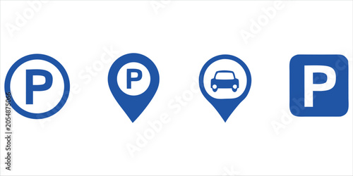 Parking Sign Icons Collection Vector, Map Pin and Car Parking Symbols.Parking Location Icon Set, Navigation Marker and Parking Area Signs Vector.Blue Parking Icons Pack, Car Park Symbol and GPS Marker