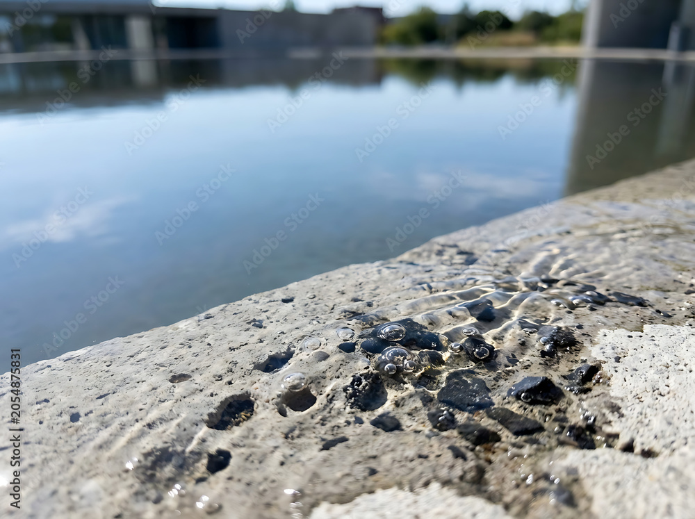 Fototapeta premium Clear water gently flowing over a textured concrete edge, reflecting modern architecture under a bright sky, capturing a tranquil, contemporary outdoor waterscape