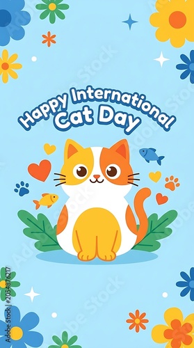 Happy international cat day poster with cute cartoon orange cat