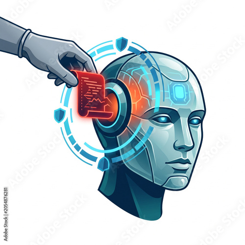 Prompt Injection and Artificial Intelligence Security Vulnerability Concept with Robot Head and Malicious Code