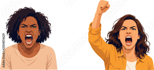Foto Vsai women expressing anger, shouting and raising fist in protest