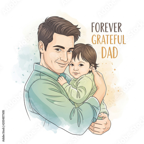 Forever Grateful Dad illustration, loving father holding baby daughter, watercolor portrait of parent and child, Father's Day greeting card design