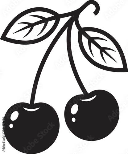 Two cherries hanging from a branch with leaves