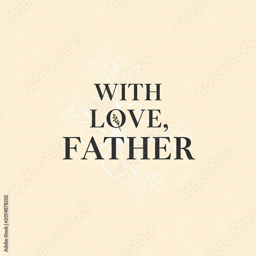 Minimalist Father's Day typography, With Love Father text on beige background, elegant greeting card design with floral line art