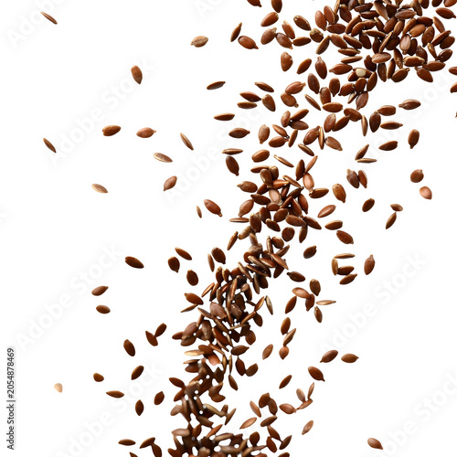 Brown flax seeds falling in motion isolated on transparent background