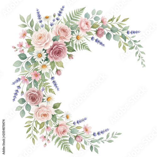 An exquisite watercolor floral arrangement, featuring delicate roses, daisies, and lavender sprigs, forms a crescent moon shape, evoking a sense of natural beauty and romantic charm.