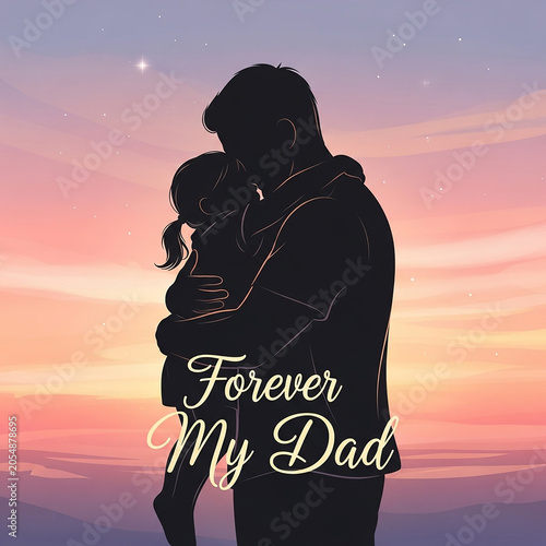 Forever My Dad silhouette of father hugging daughter, sunset background with stars, emotional family greeting card for Father's Day