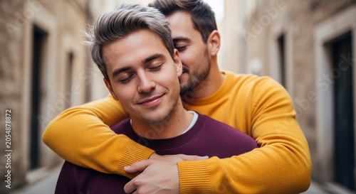 Two men embracing affectionately outdoors, conveying romance, love, and connection, suitable for lifestyle and relationship themes