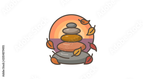 Canvas Print A stack of balanced smooth stones surrounded by falling autumn leaves