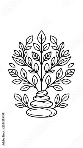 Canvas Print Minimalist line art illustration of a zen stone stack with growing leaves