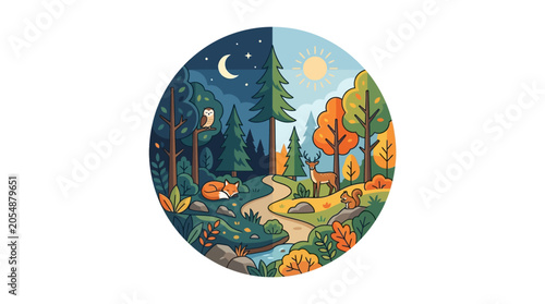 Cuadro en lienzo A circular illustration depicting a forest landscape transitioning from night to day