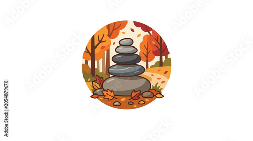 Photography A stack of smooth grey stones balanced in a peaceful autumn forest setting