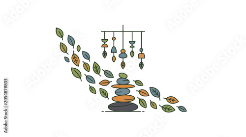 Photography A stack of balanced zen stones surrounded by swirling colorful autumn leaves and a hanging mobile