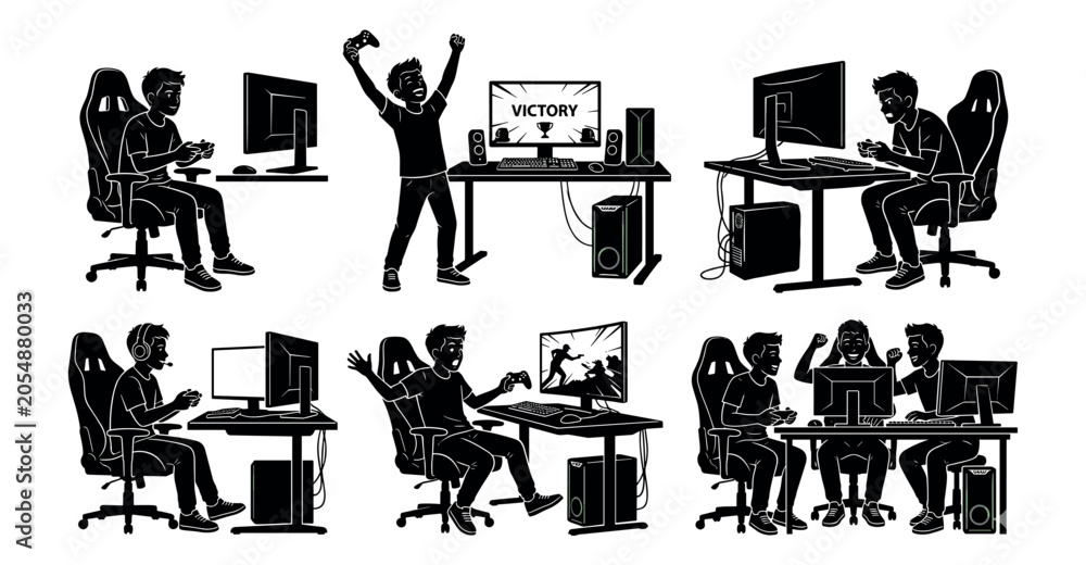 Fototapeta premium Gamer Silhouette Set – Computer Gaming Poses Victory Celebration Desk Work Black Vector Illustration