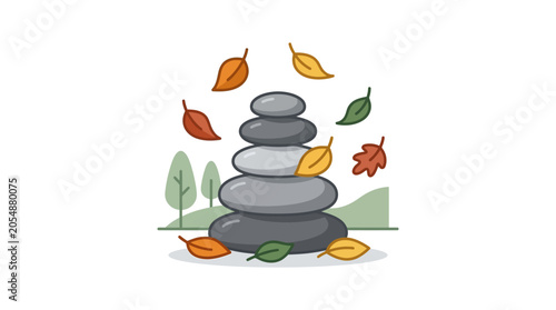 Canvas Print A stack of balanced grey stones surrounded by colorful falling autumn leaves