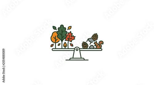 Obraz na płótnie A balanced scale featuring autumn leaves on one side and forest items on the other