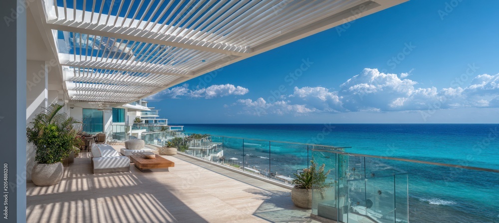 Fototapeta premium Modern beachfront terrace with ocean view, lounge furniture, and tropical plants under blue sky
