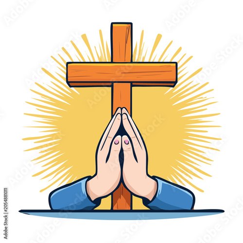 Praying Hands with Cross and Light Rays