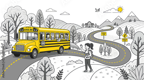 Foto Yellow school bus driving students on a winding road to school