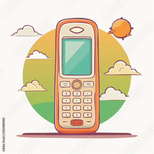 Retro mobile phone illustration with clouds and sun