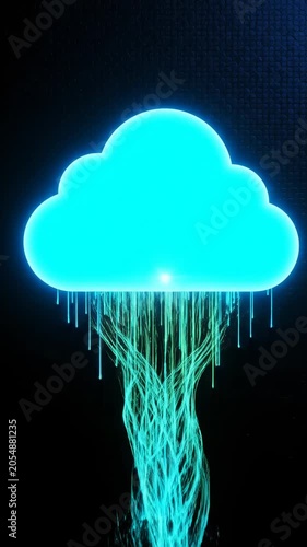Abstract digital cloud data transfer, futuristic technology concept with glowing blue light streams and geometric shapes, representing information network and connectivity