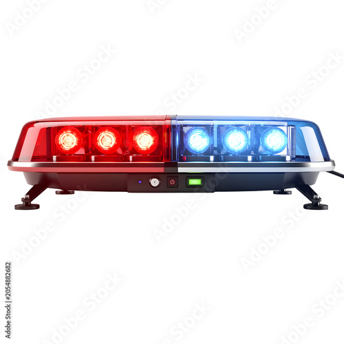 Emergency vehicle light bar with flashing red and blue lights isolated on transparent background