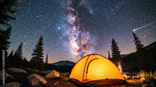 glowing tent under milky way galaxy in starry night sky, campsite in forest at dusk, adventure and travel