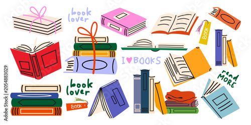 Fotografía Set of open books, stacks, shelves for hobbies and personal time