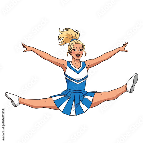 Bild auf Leinwand Female Cheerleader Performing Aerial Split Jump in Blue Uniform