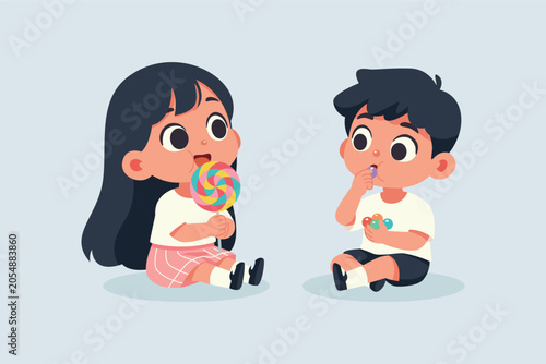 Little Boy and Girl Eating Candy