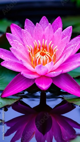 close-up of a vibrant pink water lily bud opening with water droplets on petals reflected in calm water