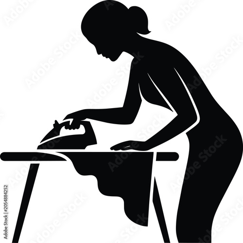 Fotografía Silhouette of a woman ironing clothes on an board with a steam iron during domes
