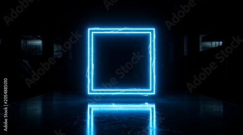Electric Blue Neon Square Halo Glowing in Dark Futuristic Setting