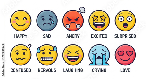 Emoji reaction icon set with smileys and expressive emoticons