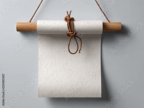 Scroll with rope hanging on a grey wall, minimalist presentation of parchment paper document or poster on wooden dowel, natural material decor, empty space for text and design.