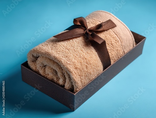 Soft beige towel rolled and placed in brown gift box, adorned with elegant dark brown ribbon and bow, set against vibrant blue surface, exquisite present.