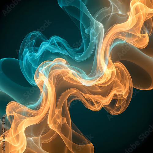 Abstract background with flowing smoke or liquid waves in vibrant orange and cyan colors, artistic digital illustration of gaseous energy trails swirling against a dark background
