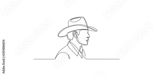 Photos Continuous line drawing of a man wearing a cowboy hat in profile view on white b