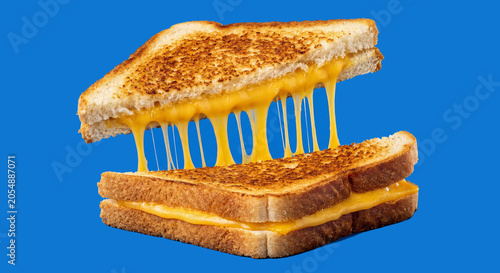 Gooey Grilled Cheese Sandwich Pull Apart on Bright Blue Background
