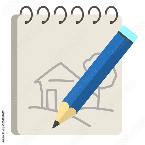 Notebook with house drawing and pencil illustration