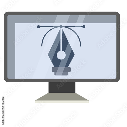 Graphic design monitor displaying pen tool illustration