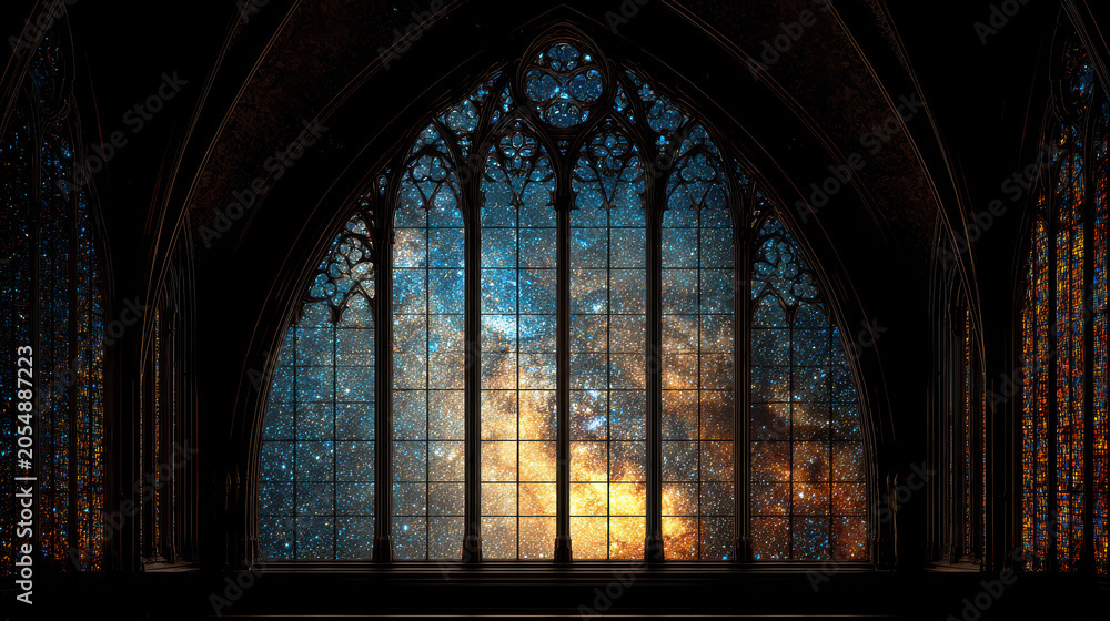 Fototapeta premium A grand gothic cathedral window showcasing a vibrant galaxy and starry night sky.