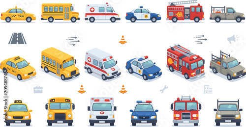 Quadro em tela Urban transportation vehicle vector element kit showing flat taxi yellow school