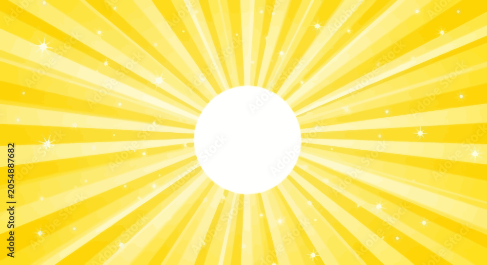 Fototapeta premium Bright yellow sunburst background with radial rays sparkling stars and central white circle frame