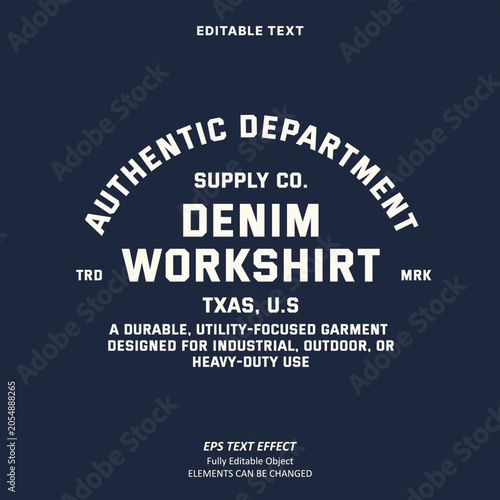 Editable Text Effect Vector of Navy white street wear authentic college style work shirt Uniform or denim jacket Design for Printing, garment, merchandise, apparel, small business