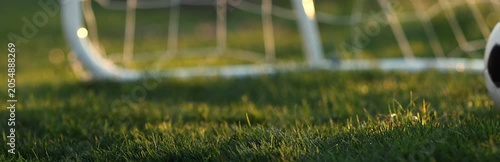 Soccer ball bouncing on grass near goal net at sunset