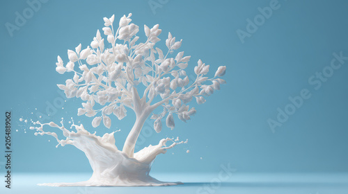 White Milk Splash Forms Abstract Tree Against Blue Background